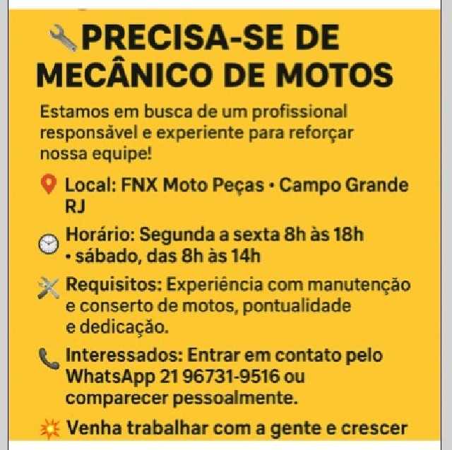 Foto 1 - Vagas abertas mecanico de motos campo grande rj